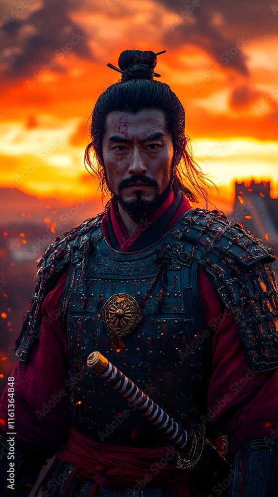 Majestic Han Dynasty Warrior Brandishing Sword at Great Wall Sunset Majestic Han Dynasty Warrior Brandishing Sword at Great Wall Sunset