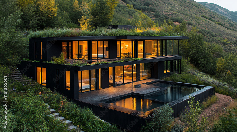 Fototapeta premium Modern Mountain Home Luxury Architecture Green Roof Infinity Pool