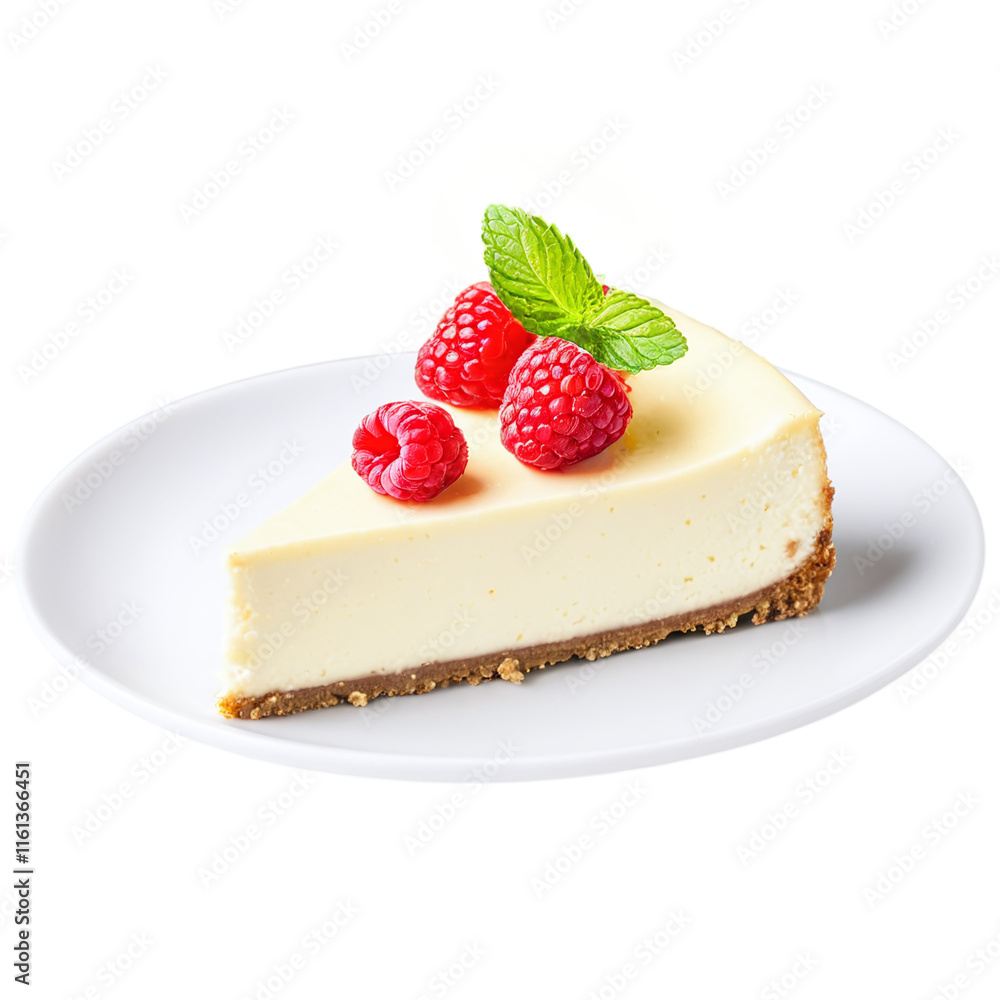 Piece of cheesecake with raspberries and mint isolated on transparent background Piece of cheesecake with raspberries and mint isolated on transparent background