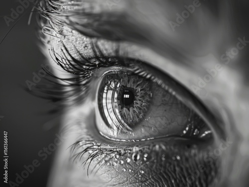 Close-up of eye with tearing, capturing a moment of emotional intensity. photo