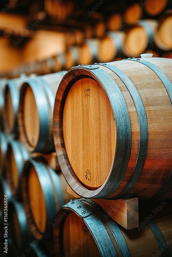 Wine barrels stacked in an industrial style tasting room with low lighting create an inviting atmosphere for visitors Wine barrels stacked in an industrial style tasting room with low lighting create an inviting atmosphere for visitors