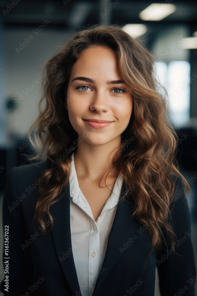 Young woman with blue eyes, smiling broadly in a corporate attire. Young woman with blue eyes, smiling broadly in a corporate attire.
