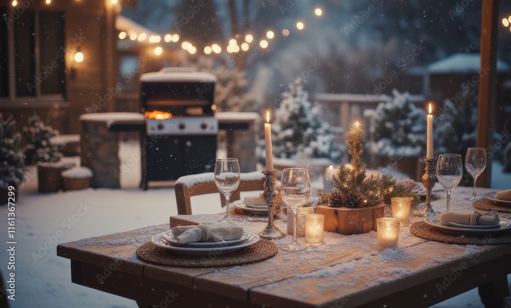 Elegant winter dinner setup in the snow Elegant winter dinner setup in the snow