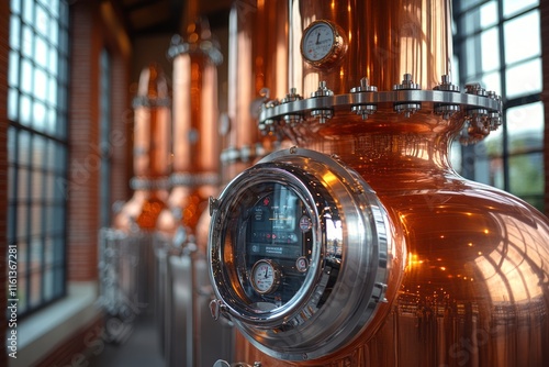 Close-up view of copper stills in an industrial distillery, showcasing warm lighting and an inviting tasting area photo