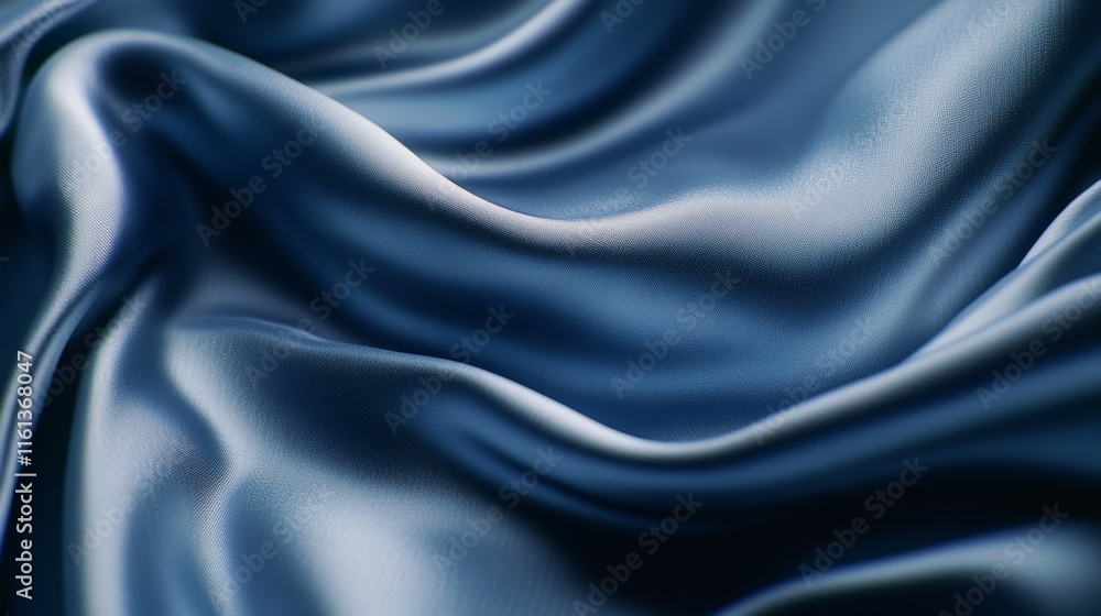 A blue fabric with a pattern of waves. The fabric is smooth and shiny A blue fabric with a pattern of waves. The fabric is smooth and shiny