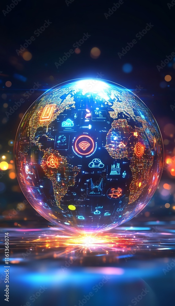 Digital globe with glowing icons representing technology and global connectivity. Digital globe with glowing icons representing technology and global connectivity.