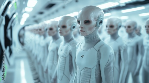 Fototapeta Naklejka Na Ścianę i Meble -  Group of out of space aliens posing inside their space ship ready to get out of the ship to invade planet earth	
