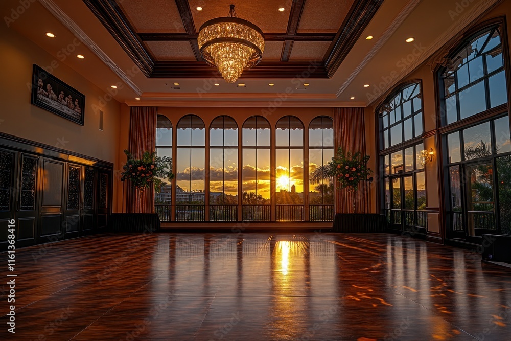 Spacious ballroom features a dance floor and balcony, illuminated by a stunning sunset over the city skyline Spacious ballroom features a dance floor and balcony, illuminated by a stunning sunset over the city skyline