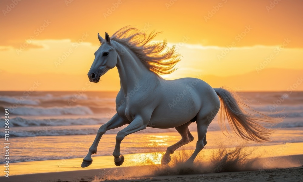 Majestic white horse galloping at sunset Majestic white horse galloping at sunset