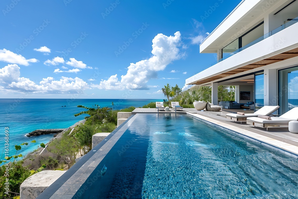 Fototapeta premium Modern beach villa with infinity pool and ocean view.