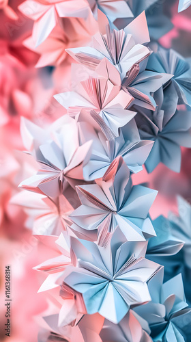 Abstract background featuring intricate origami flowers in soft pink and blue hues creating a delicate and artistic atmosphere