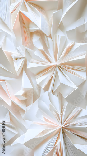 Abstract background featuring intricate white paper folds with soft peach highlights creating a dynamic visual texture and depth