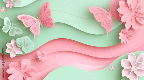 Abstract background featuring layered paper in soft pastel colors, adorned with butterflies and flowers creating a whimsical, decorative atmosphere