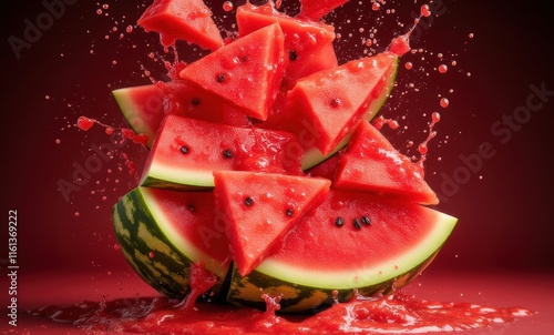 Vibrant watermelon slices splashing colorfully photo