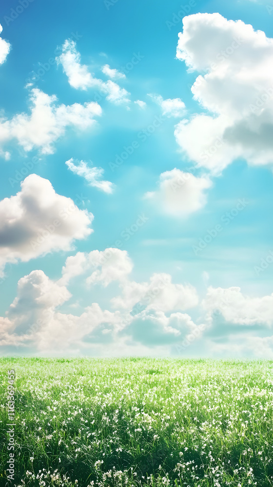 Obraz premium Dreamy abstract background showcasing soft clouds in a bright blue sky above a field of delicate white flowers swaying in a gentle breeze