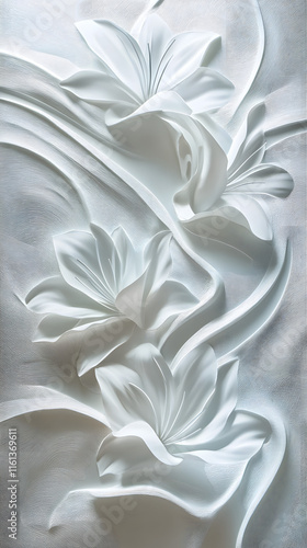 Abstract background features embossed white flowers with flowing textures on a soft pastel backdrop creating a serene and elegant atmosphere