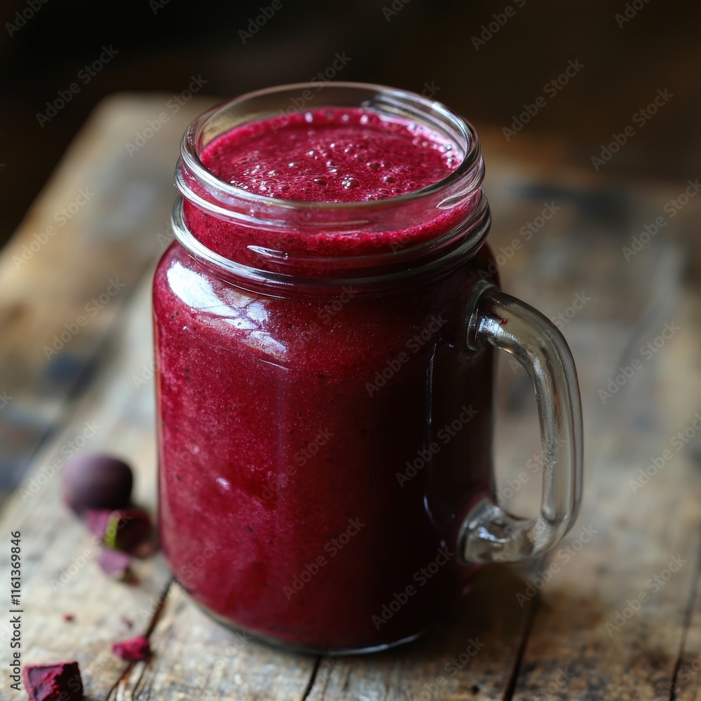 Beetroot smoothie in jar, side view, close-up. Beetroot smoothie in jar, side view, close-up.