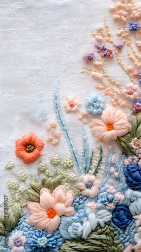 Colorful floral embroidery with delicate textures and soft pastel shades, featuring a variety of flowers and greenery on a light background