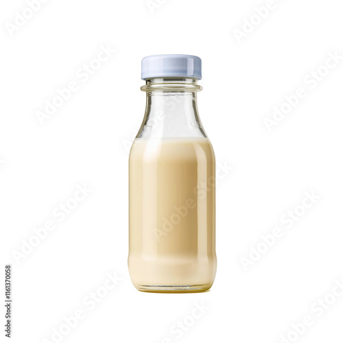 Glass milk bottle containing refreshing flavored milk on transparent background