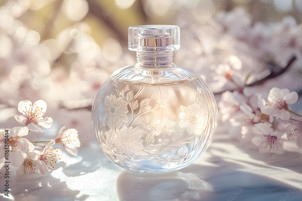 An elegant close-up of a glass perfume bottle adorned with intricate floral engravings, surrounded by delicate cherry blossoms in soft sunlight An elegant close-up of a glass perfume bottle adorned with intricate floral engravings, surrounded by delicate cherry blossoms in soft sunlight