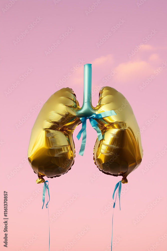 Obraz premium pair of metallic golden balloon lungs floating against a vibrant pastel pink sky, tied together with delicate blue ribbons. 