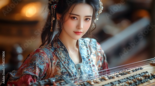 Intimate Close up of a Tang Dynasty Court Musician Immersed in Pipa Performance