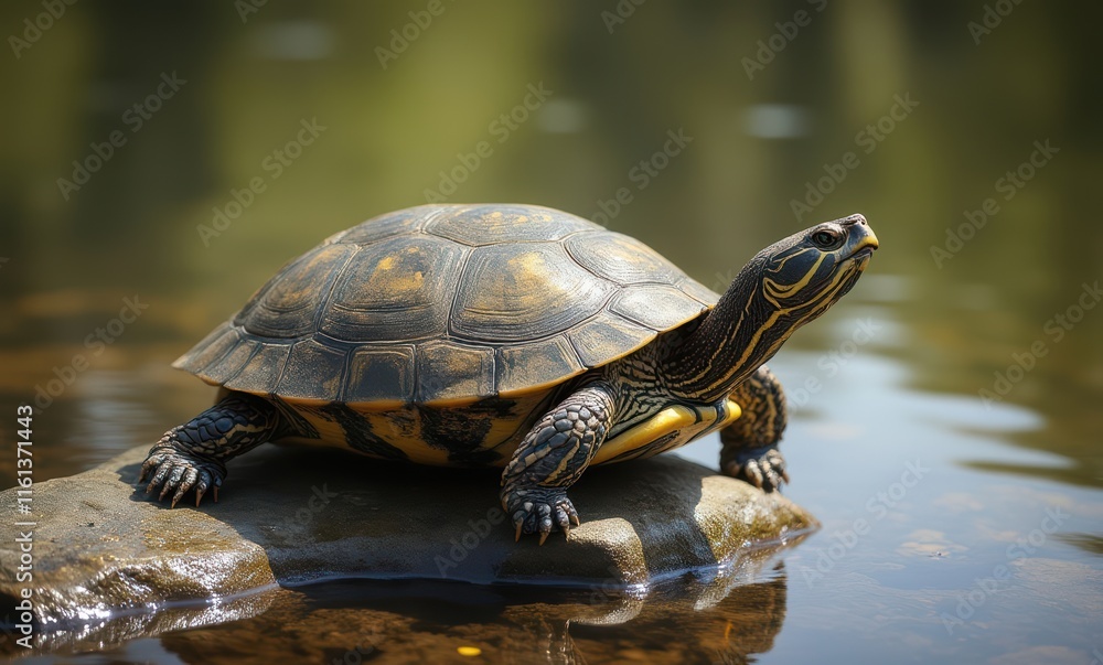 Turtle basking on a rock by water Turtle basking on a rock by water