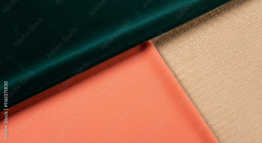 Fototapeta premium Luxurious Fabric Swatches: Emerald Velvet, Coral, and Beige Textures