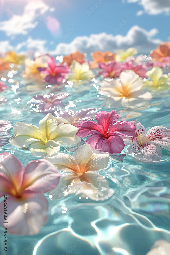 ethereal scene of vibrant tropical flowers floating gracefully on the surface of crystal-clear turquoise water, with the sunlight creating intricate reflections and sparkles on the gentle ripples. ethereal scene of vibrant tropical flowers floating gracefully on the surface of crystal-clear turquoise water, with the sunlight creating intricate reflections and sparkles on the gentle ripples.