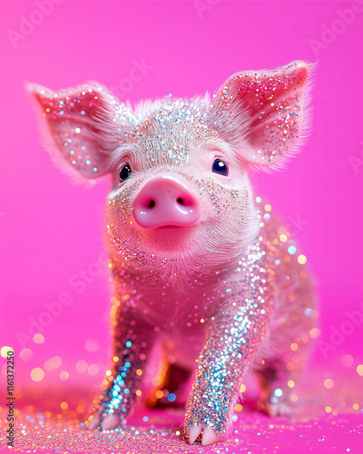 playful and surreal image of a baby pig covered in sparkling glitter, sitting against a vibrant pink background. The glossy texture of the glitter and the vibrant color palette  photo