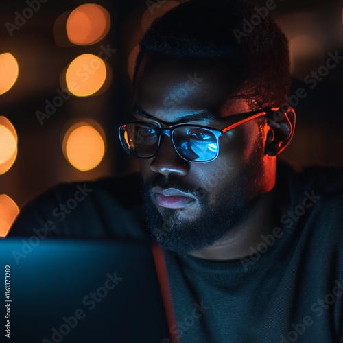 Black person works late on laptop.