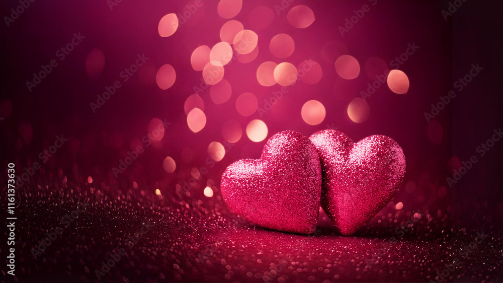 Fototapeta premium Two pink hearts with shimmering bokeh lights on dark pink background