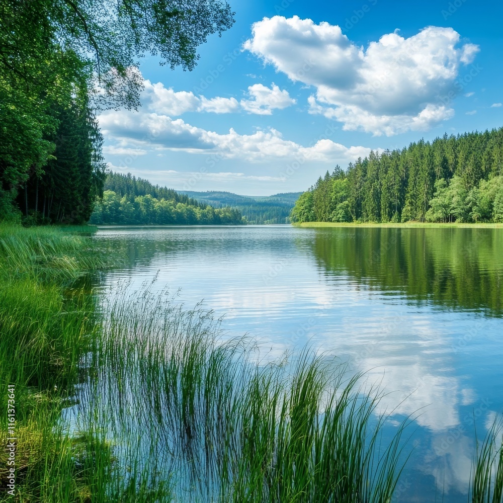 Fototapeta premium Tranquil lake view with clear water, grass, greenery near forest