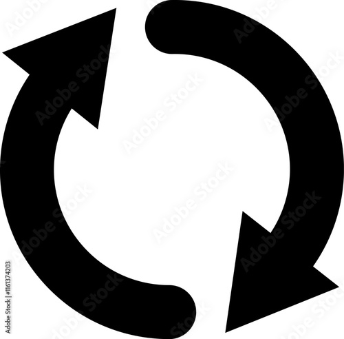 Two black arrows forming a circular shape, pointing toward each other, representing a continuous loop, cycle, or iterative process in motion and flow