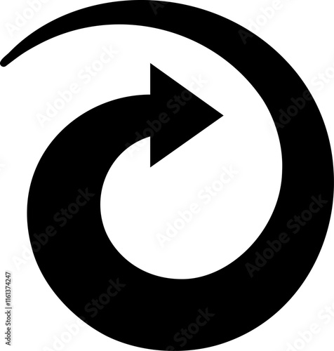 Rotating arrow completing a full turn, symbolizing reload or reset, presented as a clean black and white vector illustration with a minimalistic design