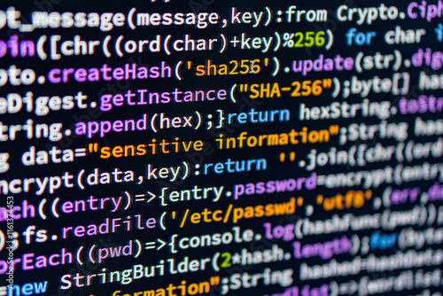 Sensitive information. Close-up image of JavaScript code, including variables, conditionals, and function calls, with cryptographic elements such as SHA-256 and hash functions