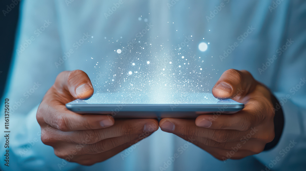 businessman holds smartphone, showcasing magical display of light and sparkles businessman holds smartphone, showcasing magical display of light and sparkles