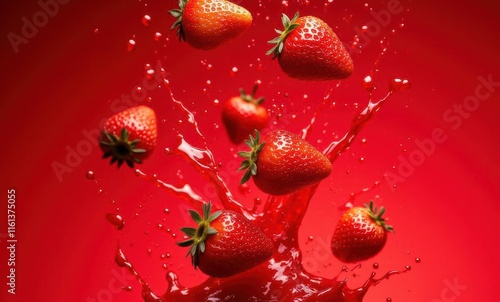 Fresh strawberries splashing in red liquid photo