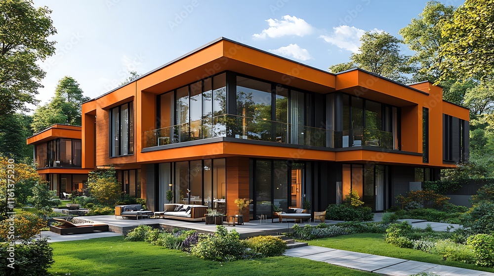 Vibrant Showcasing Modern Orange Apartment Complex With Lush Greenery Background Vibrant Showcasing Modern Orange Apartment Complex With Lush Greenery Background