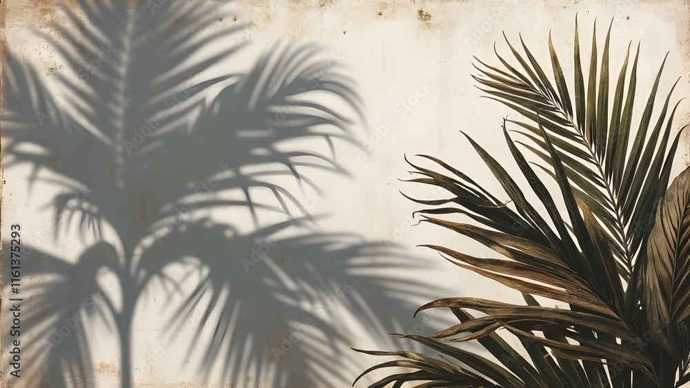 Fototapeta premium Abstract Expressionist Palm Fronds Shadow Art, Weathered Elegance, Tropical Mysticism, Dark Silhouette on Textured White Background