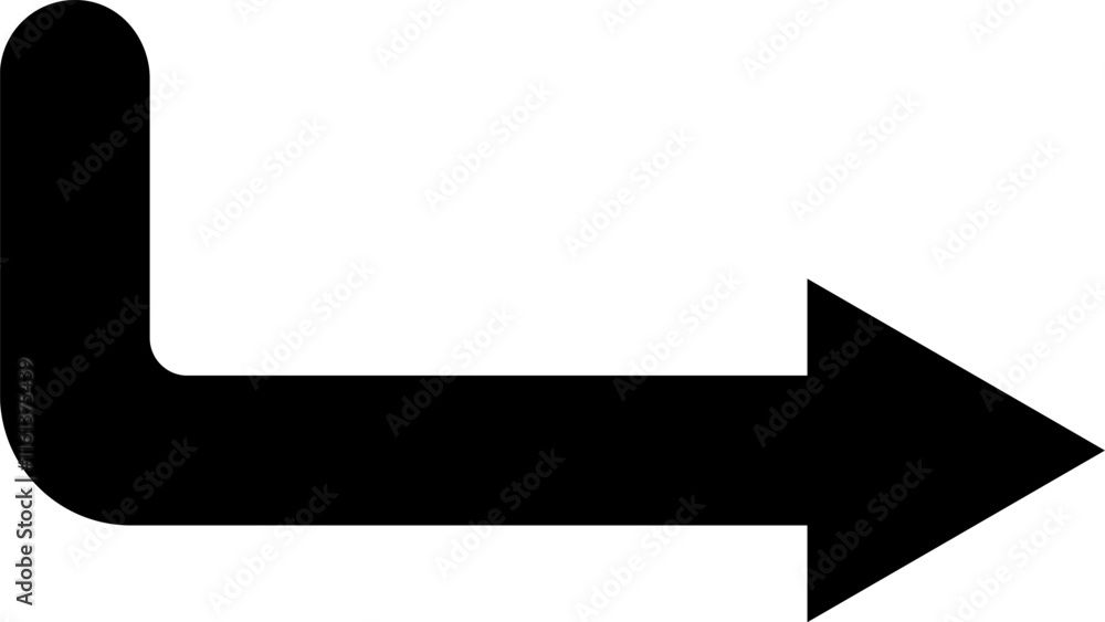 Simple black right arrow with rounded corner, ideal for indicating direction, progress, or movement in presentations, websites, and graphic designs, conveying a clear and concise visual message