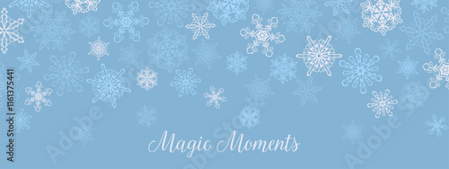 Blue banner with snowflakes. Christmas or New Year pattern design. Holiday background. Cold color palette repetitive illustration. Winter snow wallpaper art.