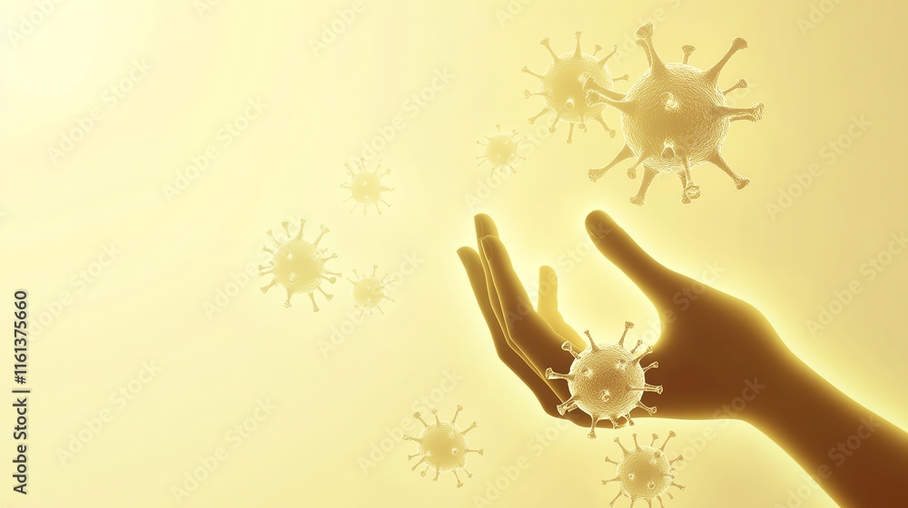 Hands reaching for floating viruses, symbolizing health and scientific research. Hands reaching for floating viruses, symbolizing health and scientific research.