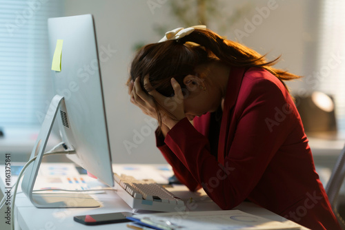 Young businesswoman holding her head in hands, suffering from headache or stress, working on computer in office at night