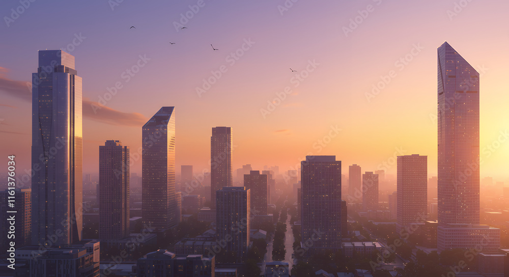 Fototapeta premium Stunning Sunrise Cityscape: Modern Skyscrapers at Golden Hour
