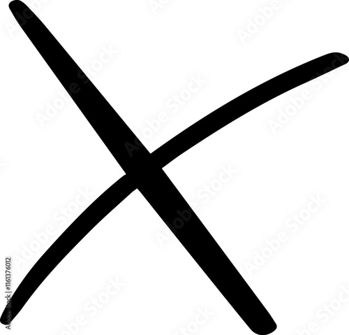 Hand drawn black cross mark isolated on a white background, representing rejection, disagreement, or an incorrect answer, conveying negative sentiments and opposing ideas