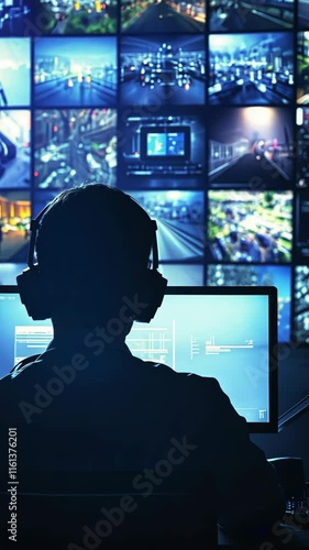 Observer monitors multiple surveillance feeds from a central control room at night