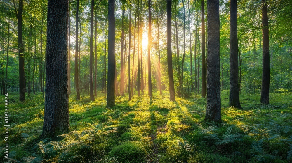 Fototapeta premium Sunlight Breaking Through Trees in a Lush Green Forest, Creating a Magical Atmosphere with Rays of Light Dance on the Ferns, Inviting Nature Lovers to Explore.
