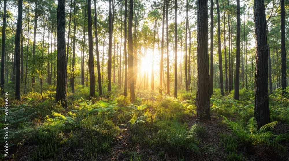 Fototapeta premium Sunlight Filters Through Tall Trees in a Lush Green Forest, Creating a Magical Atmosphere at Dawn. Ferns Line the Ground, Adding to the Scenic Beauty of Nature.