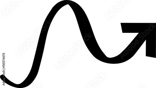 Black upward arrow following a sine wave, illustrating a positive trend and consistent growth over time against a clean white background, symbolizing progress and success